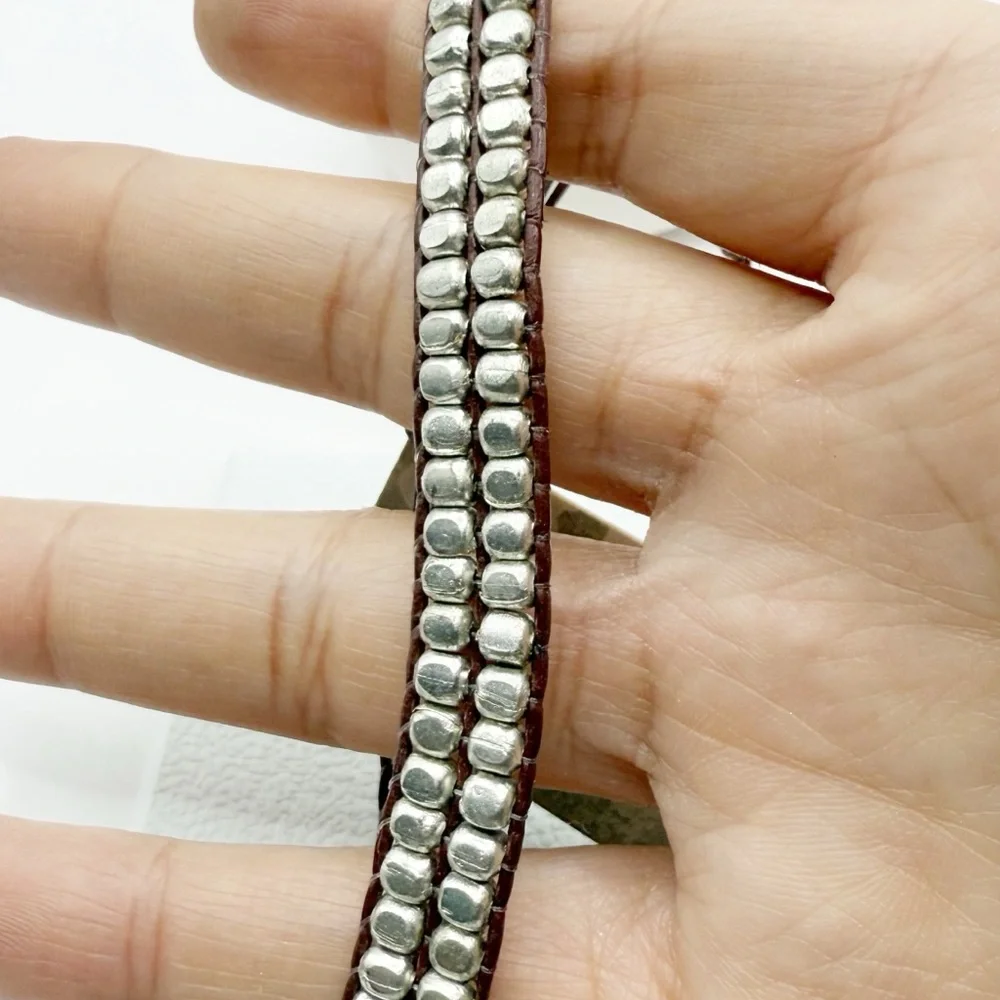 Brown Faux Leather Wrap Bracelet Silver Beads